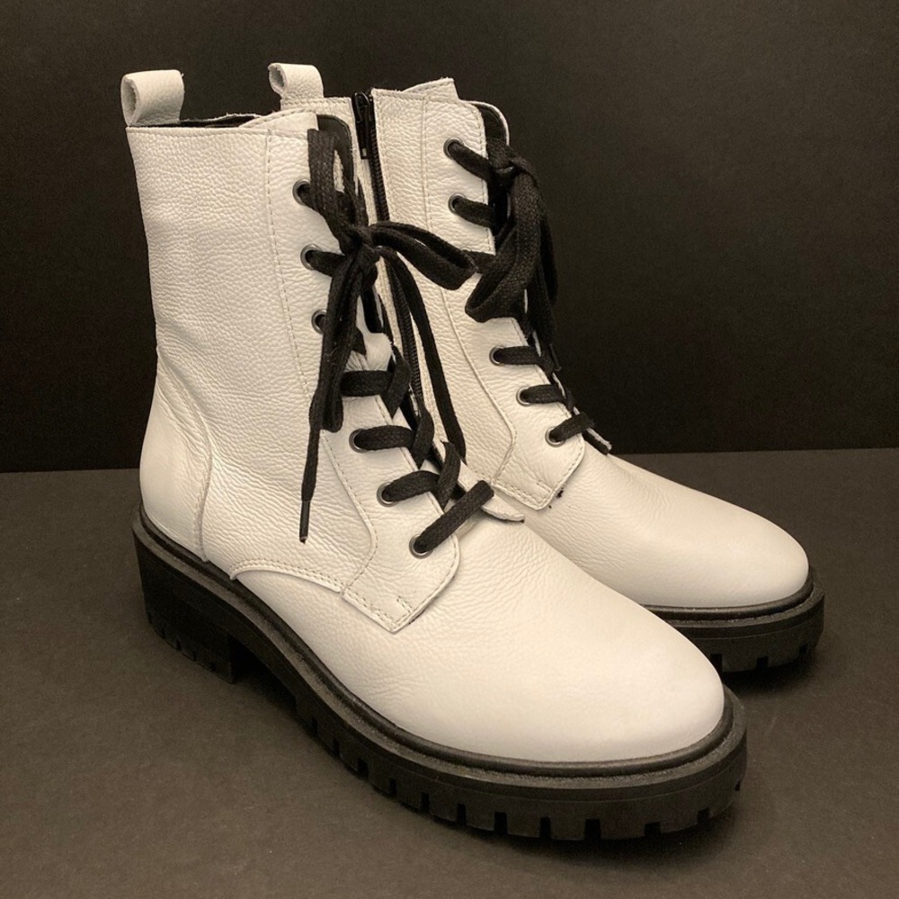 Crown Vintage Combat Boot White Leather Womens 10 M Side Zip‎ Lace Up